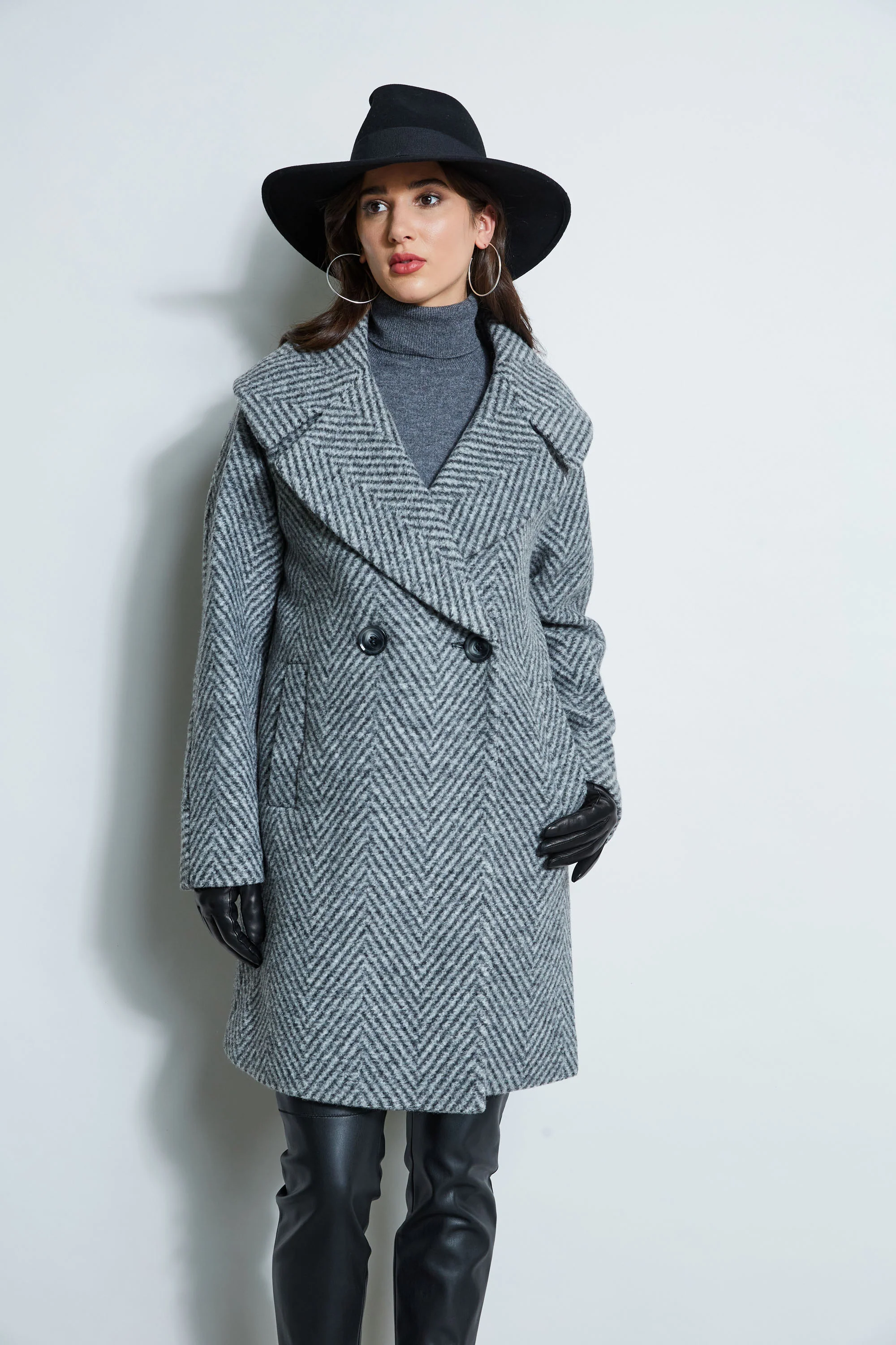 Herringbone Brushed Double Breasted Coat - Image 3