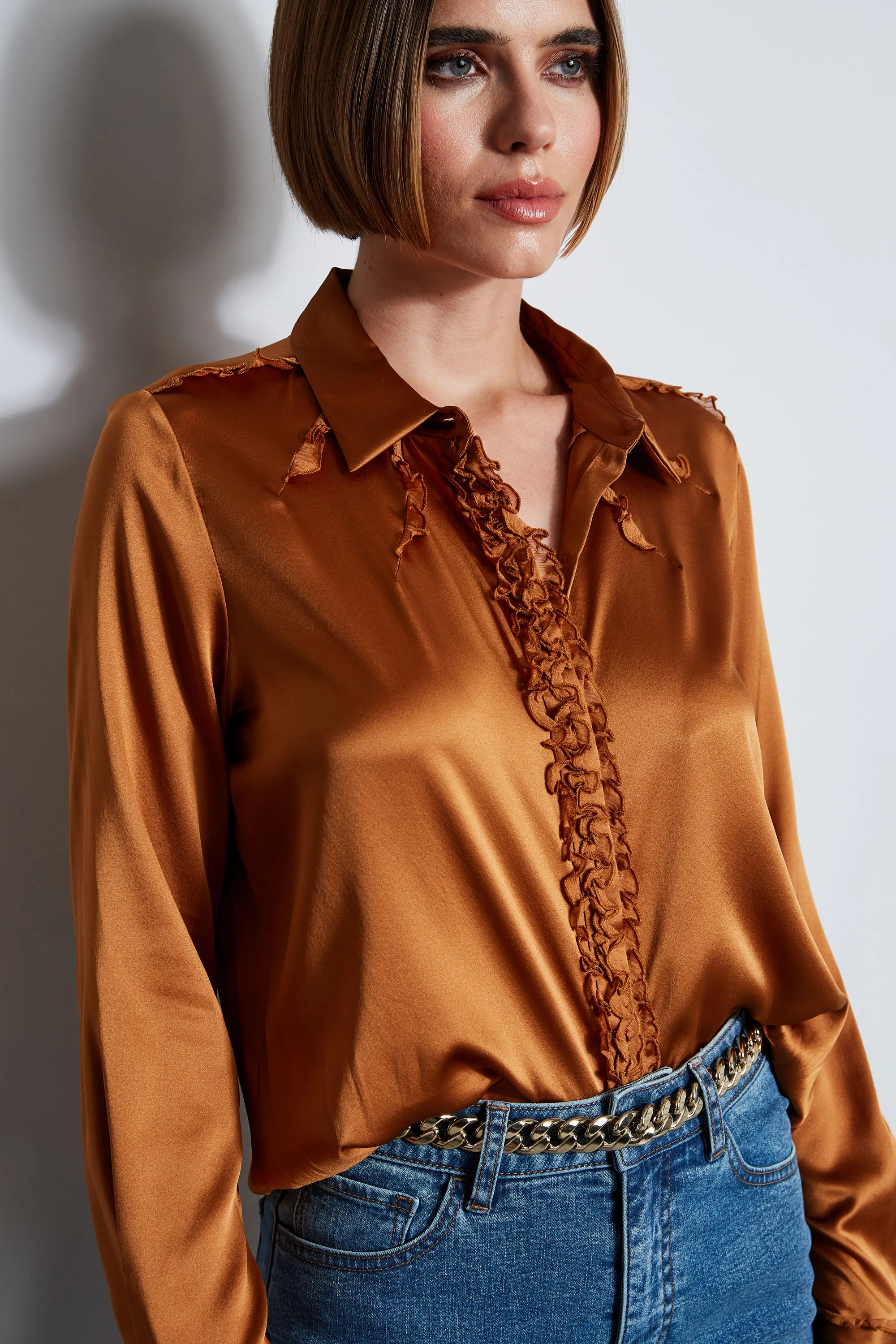 Chiffon Ruffle Silk Satin Shirt - Image 5
