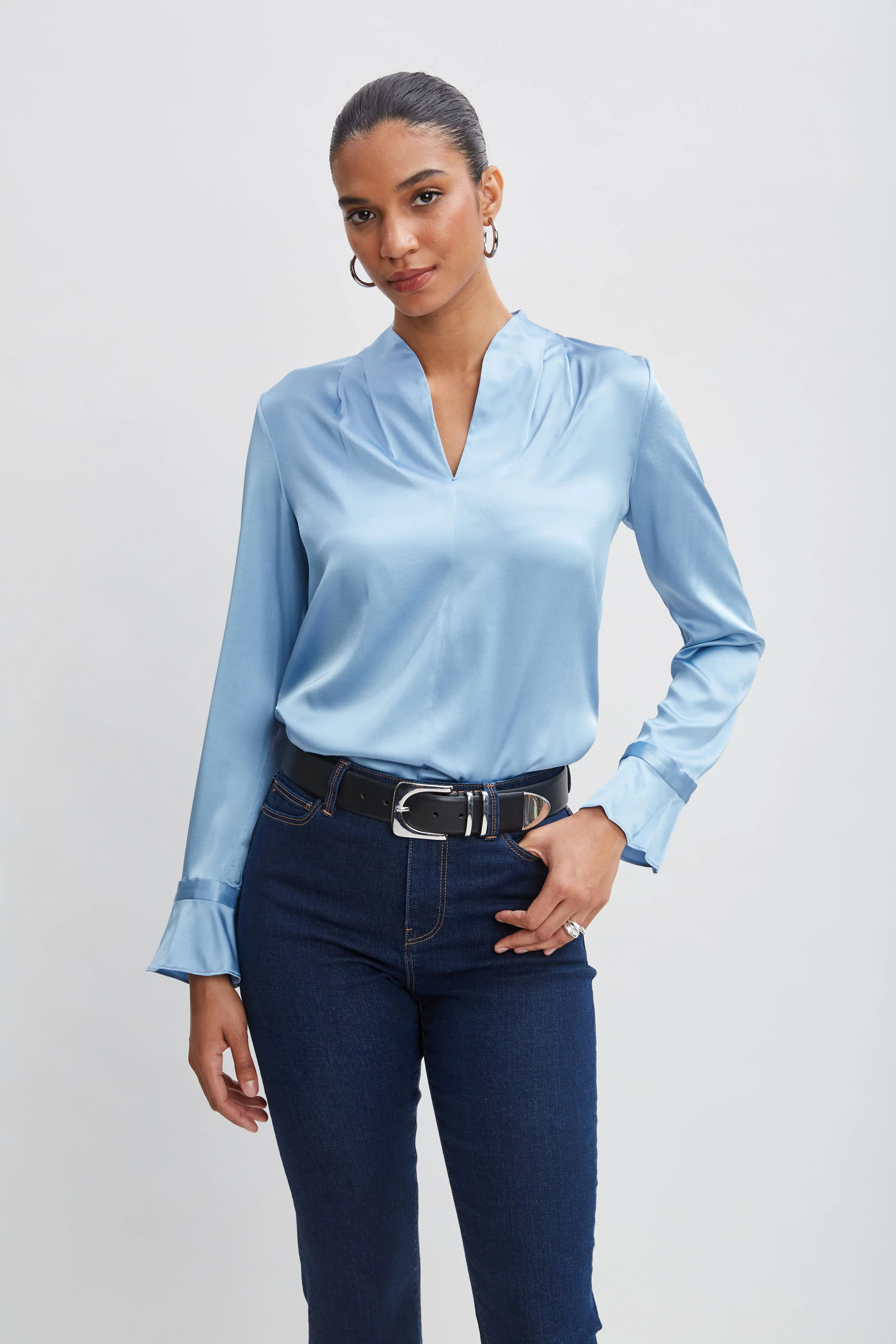 Silk Satin Contour Neck Ruffle Cuff Shirt - Image 3