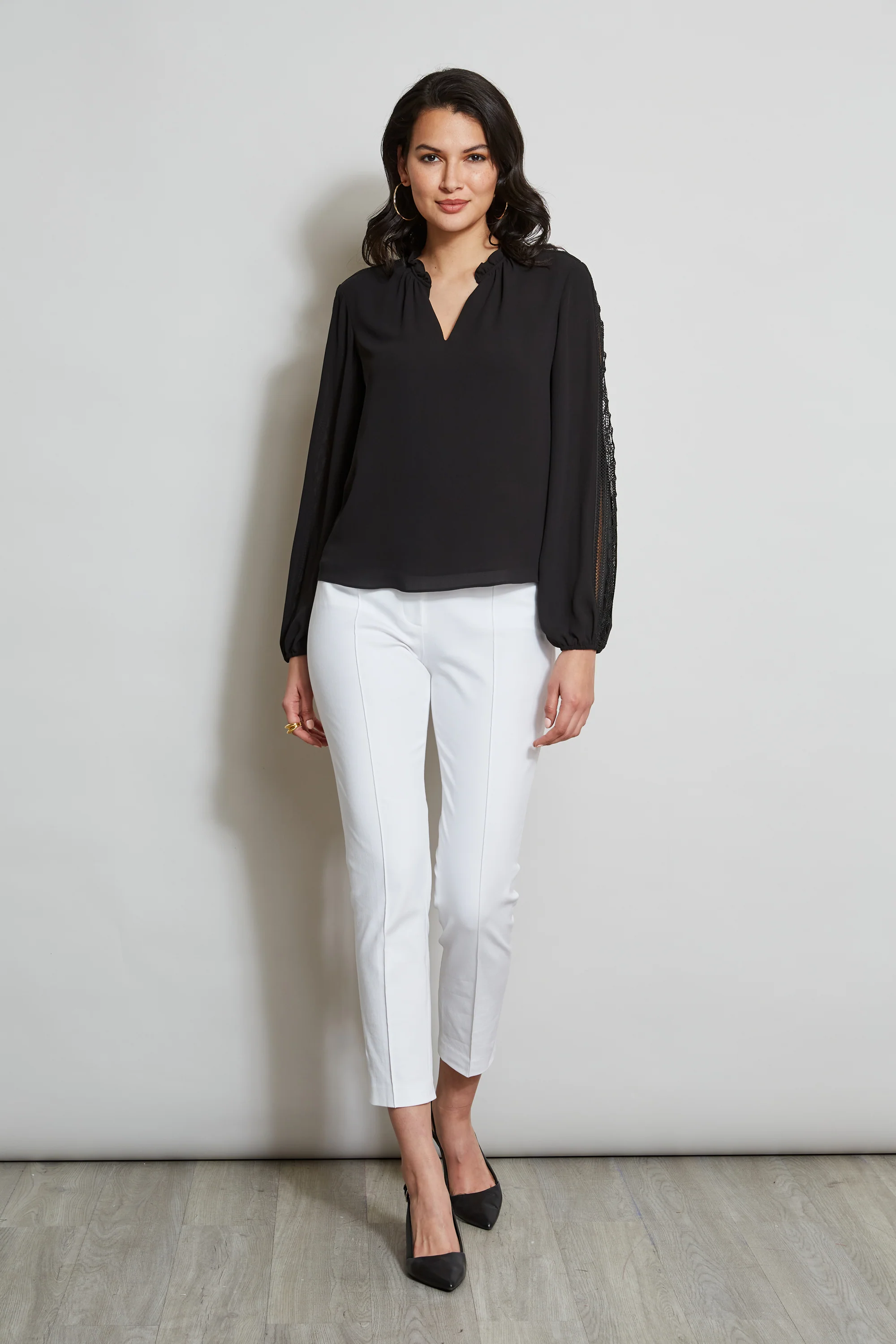 T-Tahari Split Neck Embroidered Sleeve Shirt - Image 2