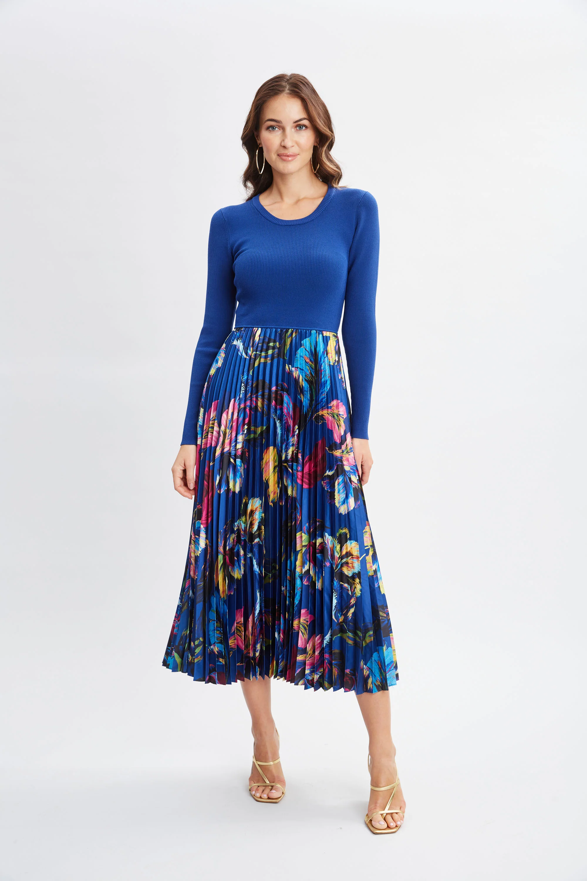 Mixed Media Floral Pleated Dress - Image 3