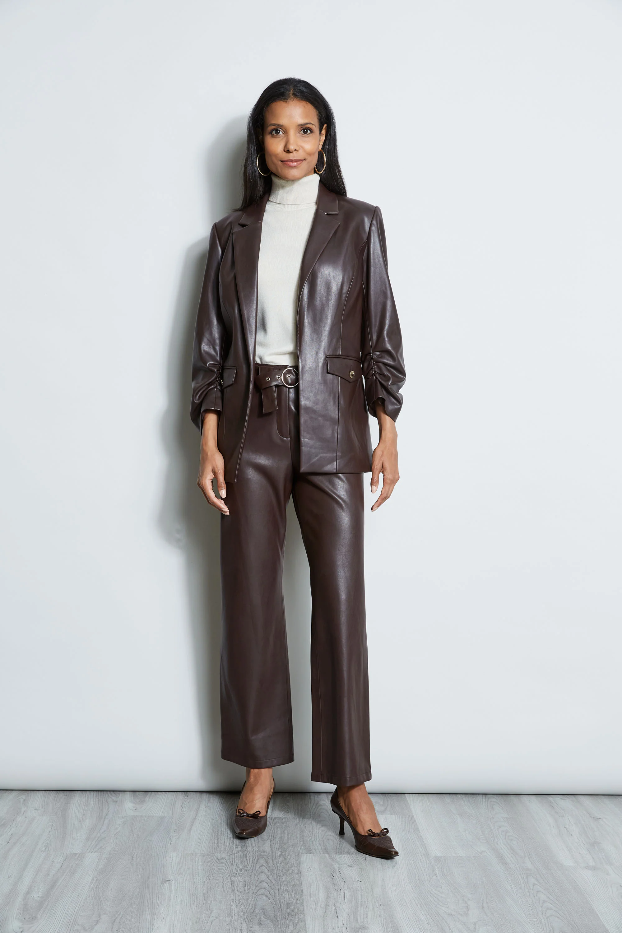 T-Tahari Vegan Leather Ruched Sleeve Blazer - Image 4