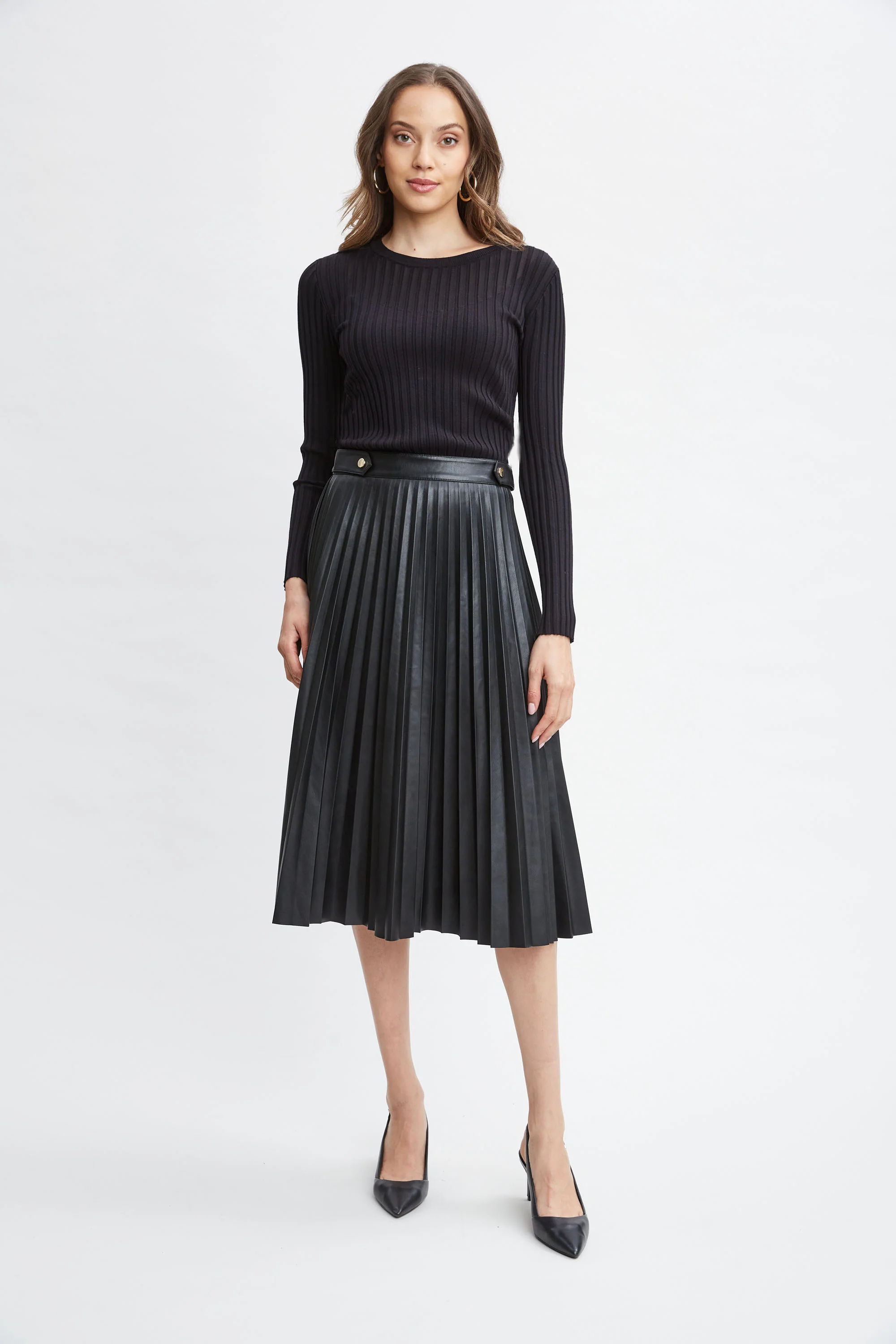 T-Tahari Vegan Leather Pleated Midi Skirt - Image 2