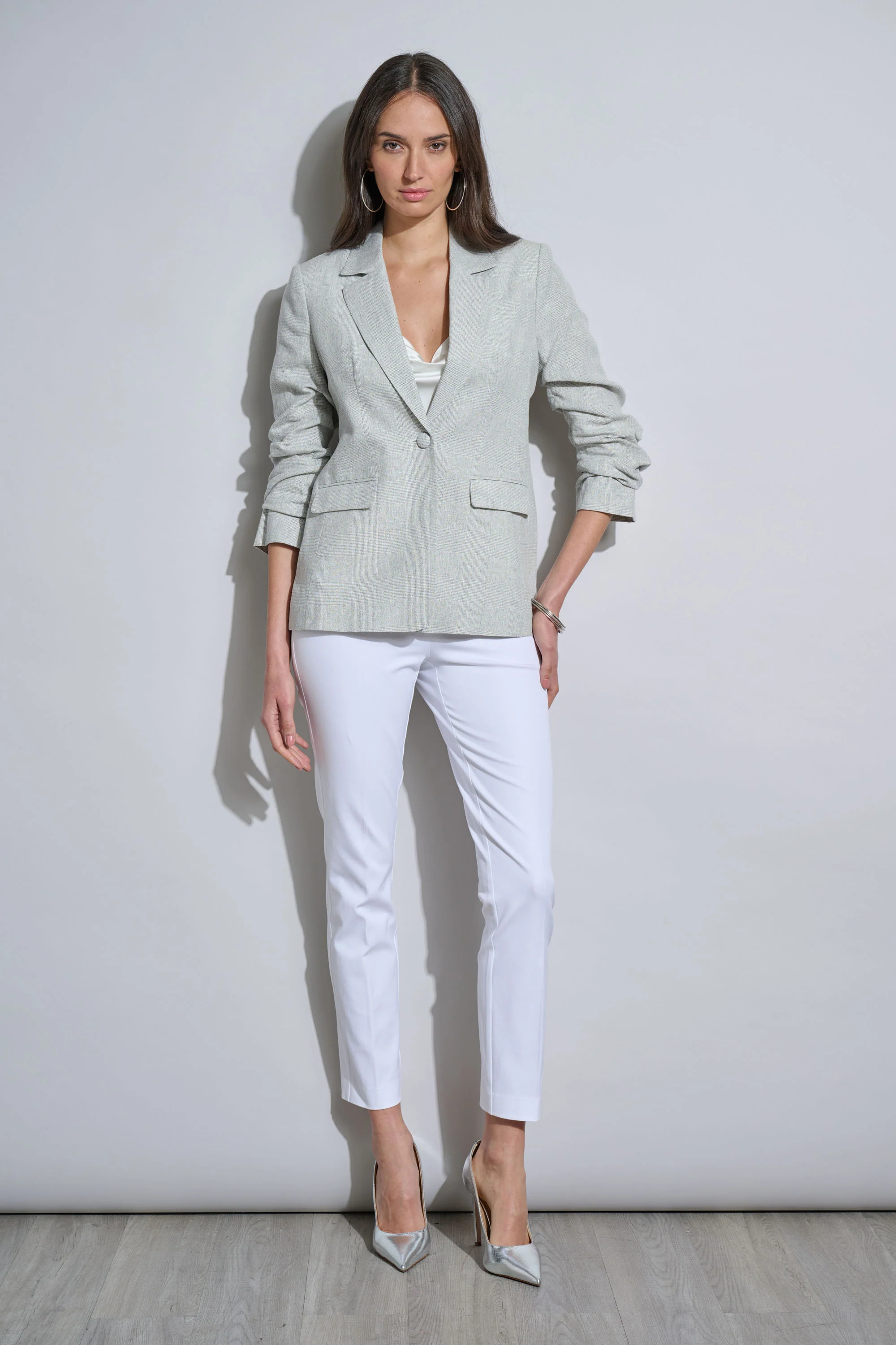 Plaid Ruched Sleeve Linen Blazer - Image 2