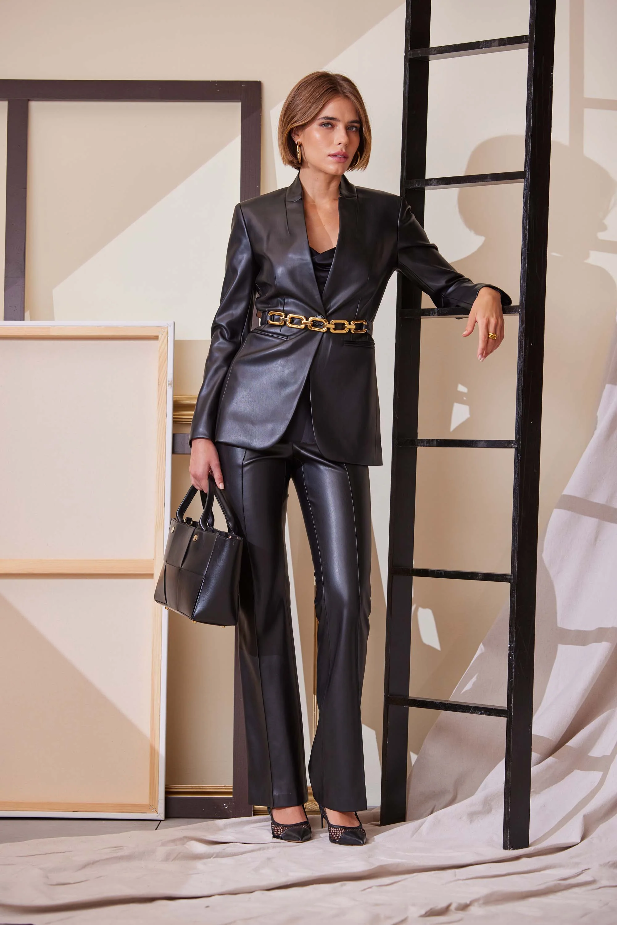 Vegan Leather Belted Blazer - Image 2